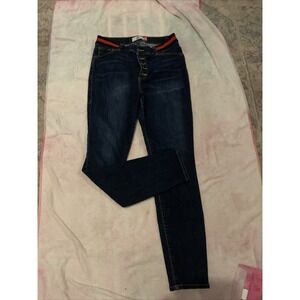 CAbi Skinny Button Fly Jeans Size 10 Womens Dark Blue Bootcut 5‎ Pocket Belted
